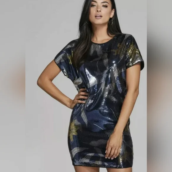 Marciano Black and Gold Lily Love Sequin Shirt Mini Dress - Size Small - Picture 2 of 10